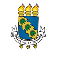 LOGO da Universidade Federal  do Ceará brasão da UFC nas cores azul, amarelo e verde com uma faixa branca e com letras pretas uma frase em latim que diz (Virtus Vinita
Fortior)